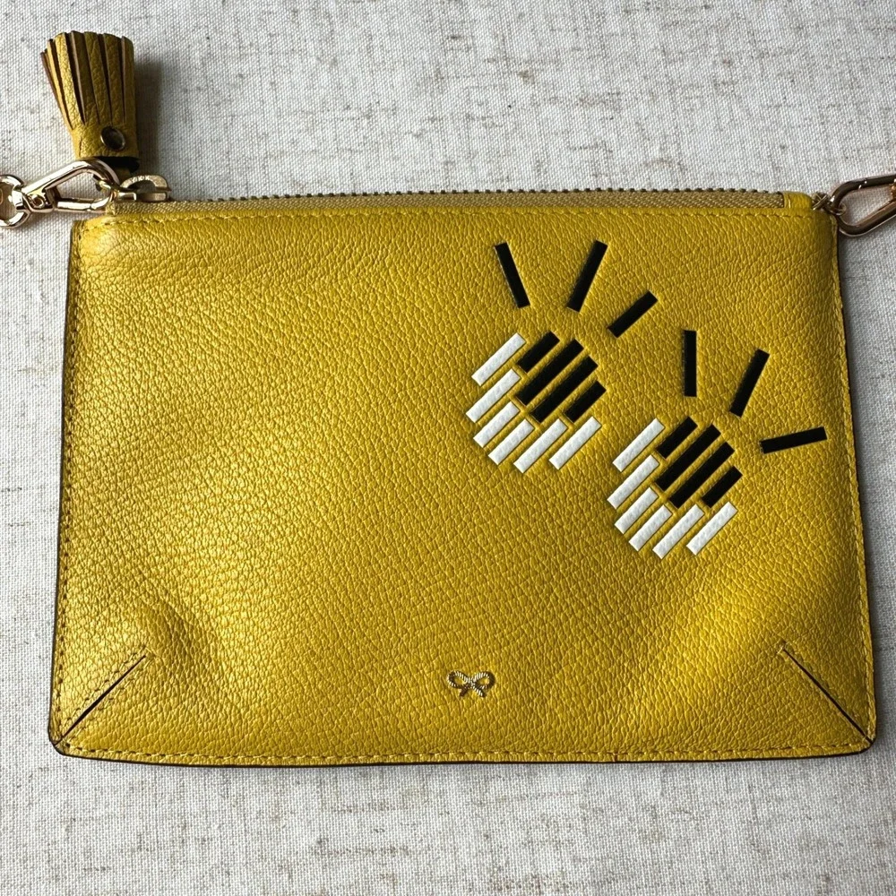 Anya Hindmarch Yellow Eyes Leather Pouch Crossbody Bag Detachable Gold Chain‎